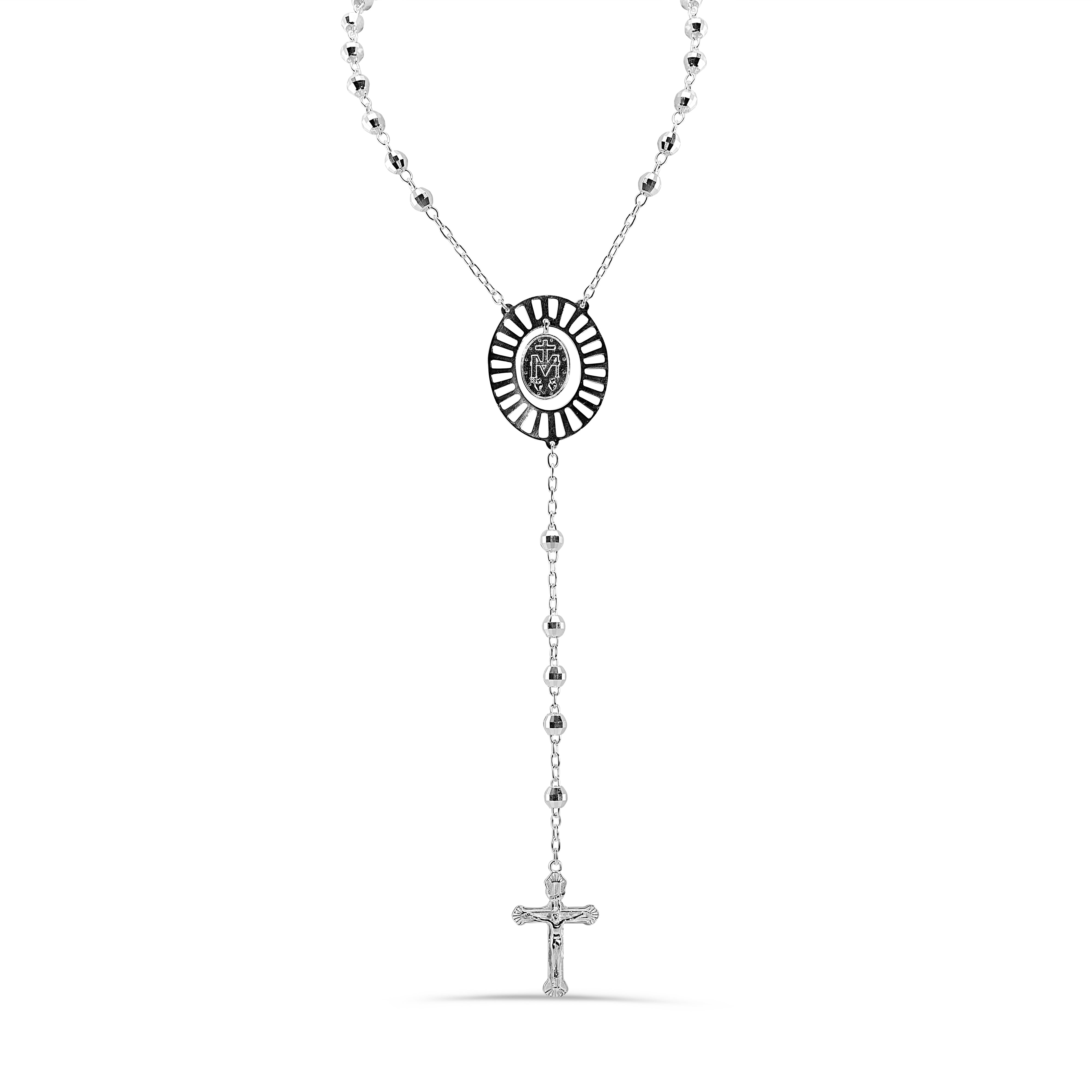 High Polished 925 Sterling Diamond Cut Beads Virgin Mary Cross Rosary Necklace - DIN00112