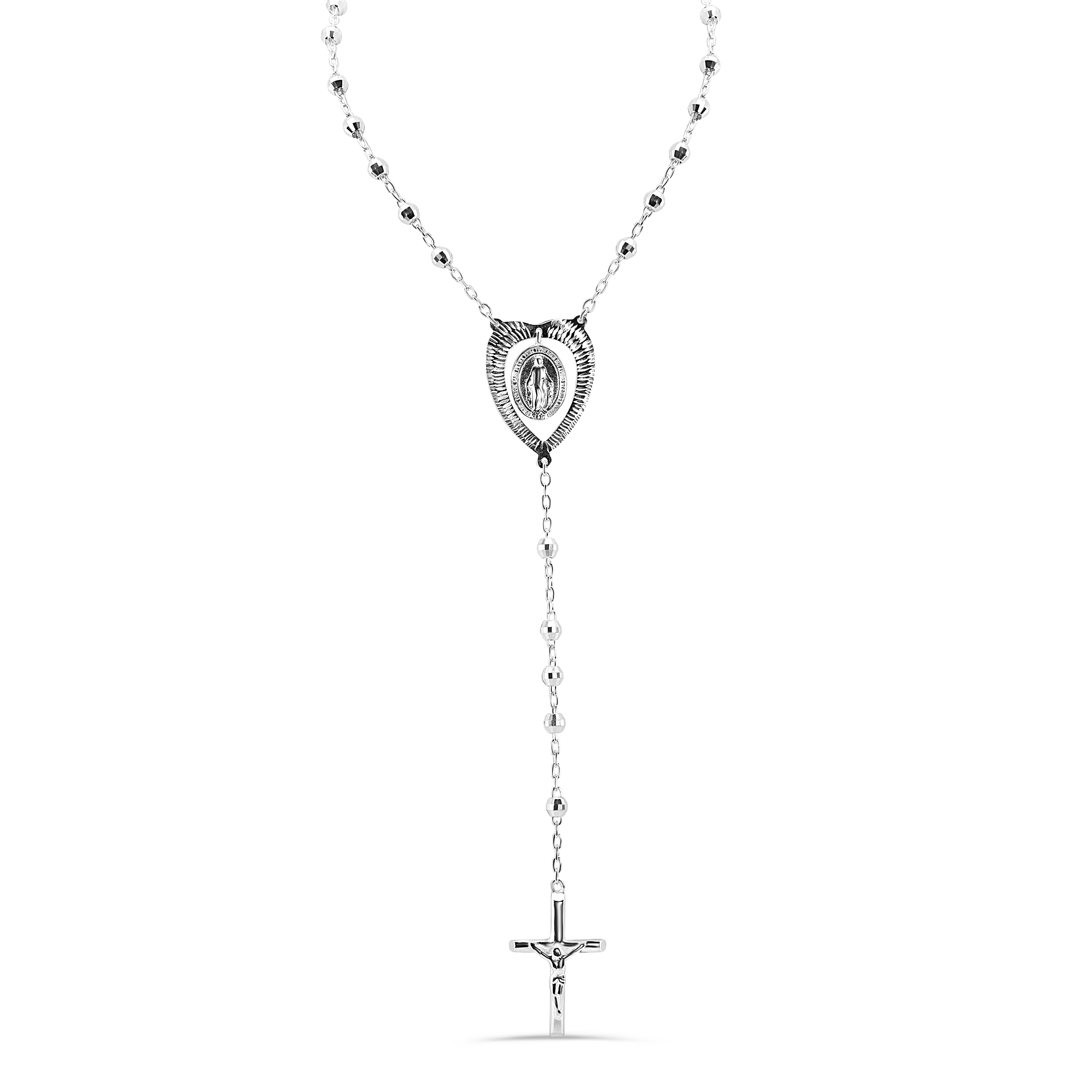 High Polished 925 Sterling Diamond Cut Beads Heart Virgin Mary Cross Rosary Necklace - DIN00113