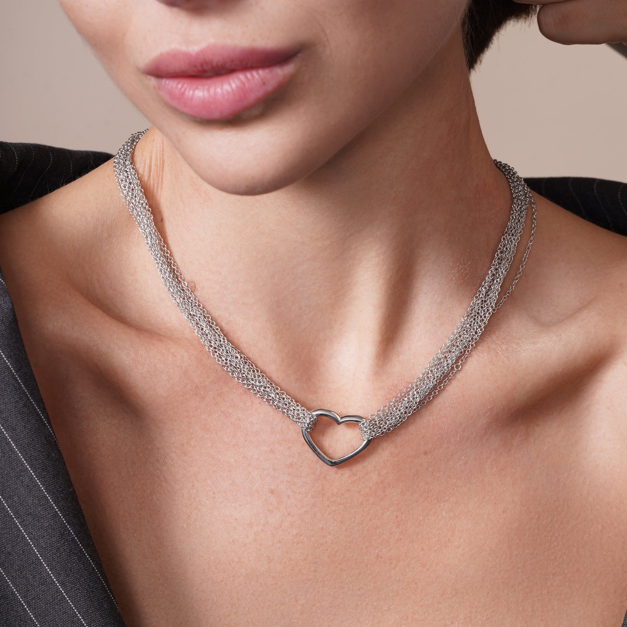 Silver 925 Rhodium Plated Open Heart Multiple Chain Necklace - DSP00001