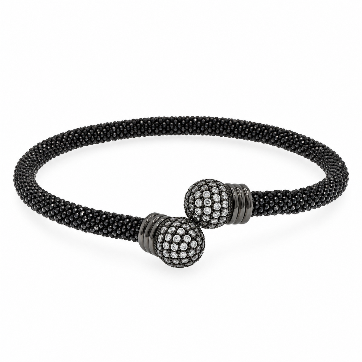 Clearance-Black Rhodium Plated 925 Sterling Silver Open Ended CZ Pave Bead Textured Italian Cuff Bracelet - ECB00078