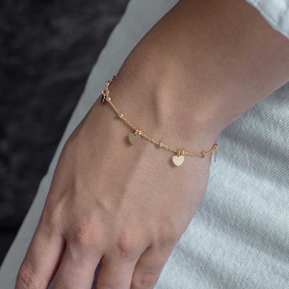 Pulsera de plata de ley 925 bañada en oro con cadena de caja, corazón y cuentas - ECB00127GP