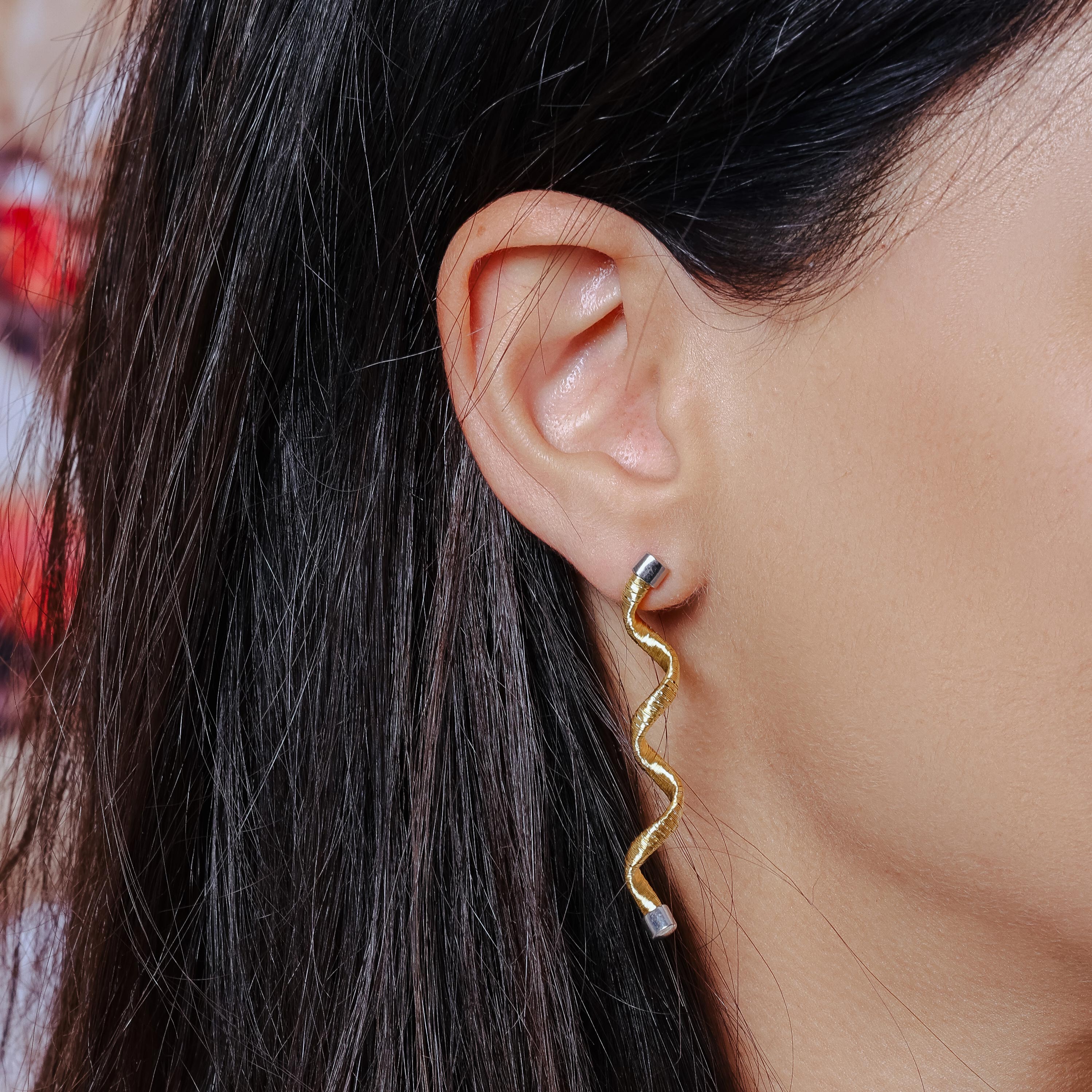 Silver 925 Rhodium and Gold Plated Long Spiral Dangling Stud Earrings - ECE002GP