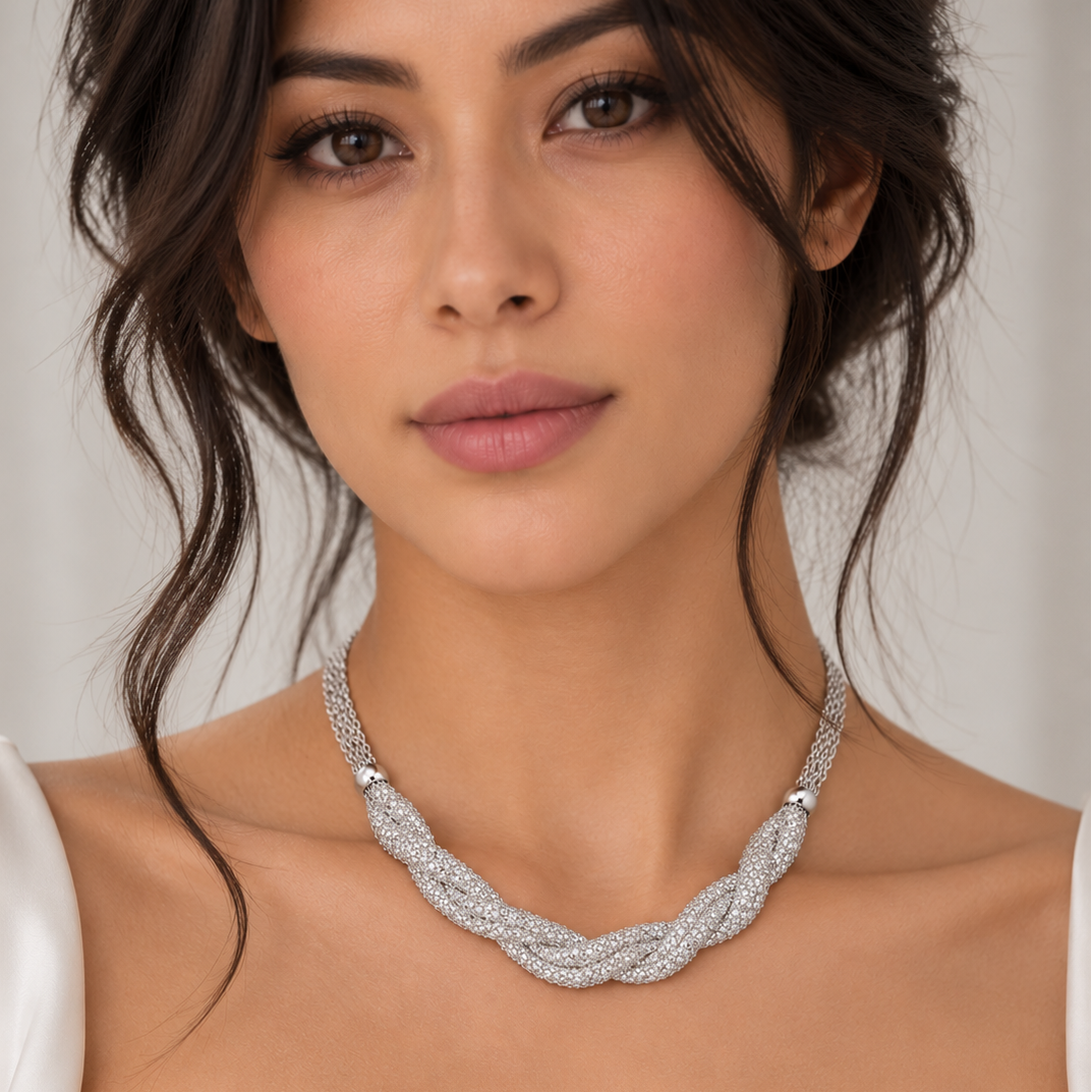 Clearance - Rhodium Plated 925 Sterling Silver Braided CZ Mesh Italian Necklace - ECN00011RH