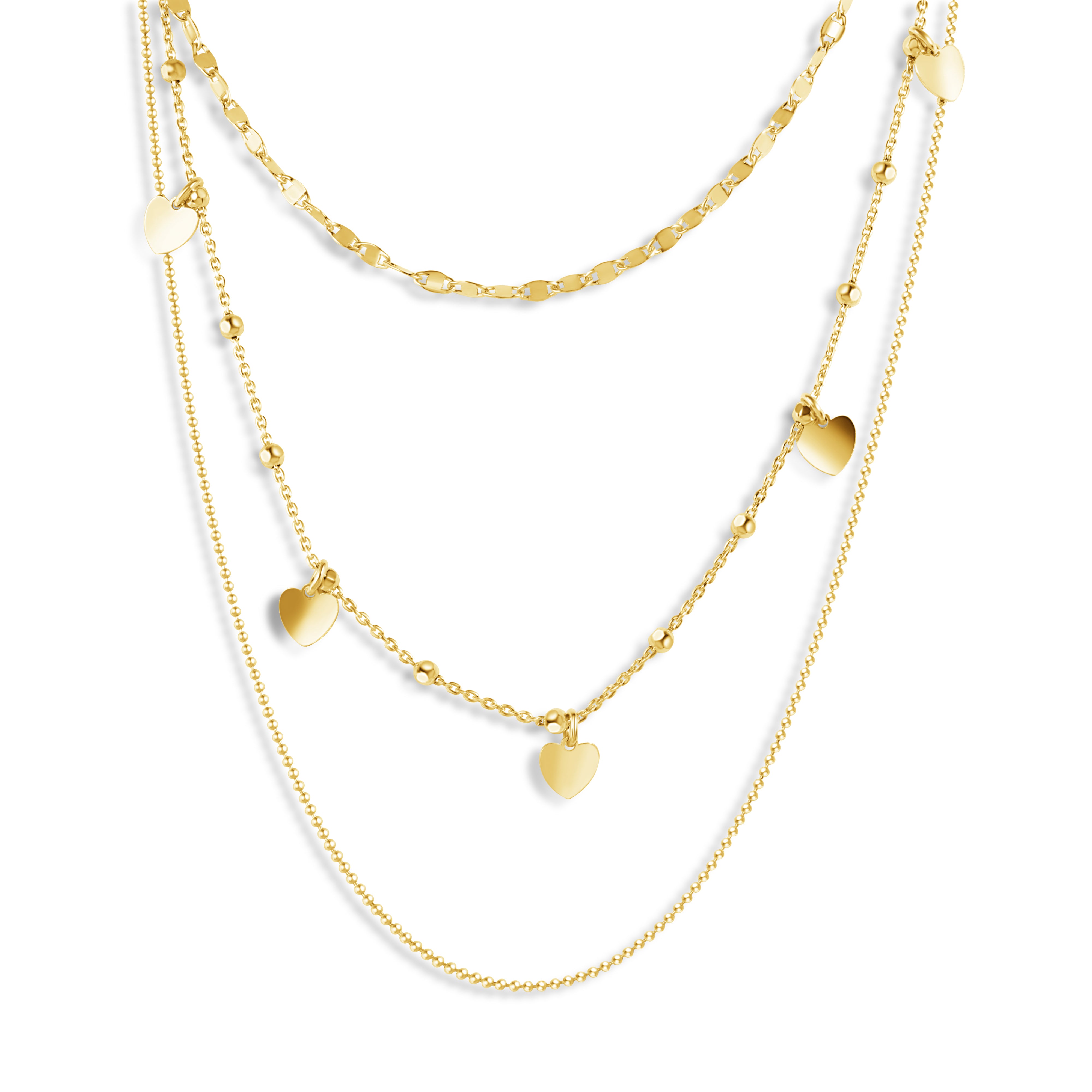 Collar de plata de ley 925 bañado en oro con múltiples cadenas y corazones colgantes - ECN00054GP