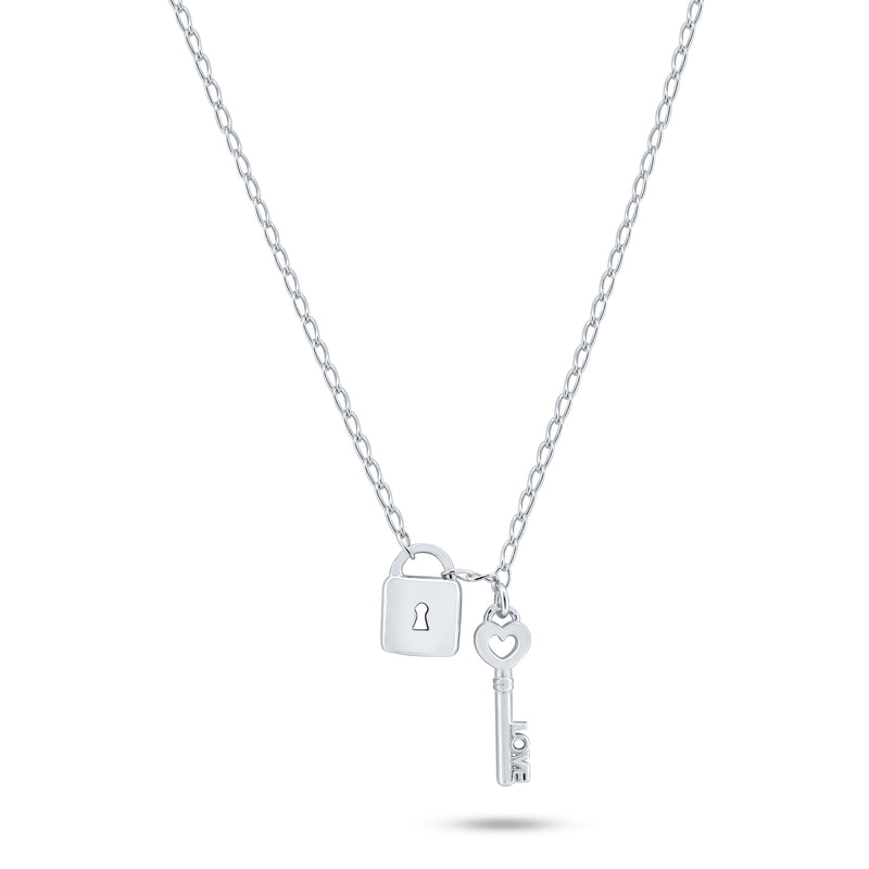 Rhodium Plated 925 Sterling Silver Love Key and Lock Necklace - ECN00070RH