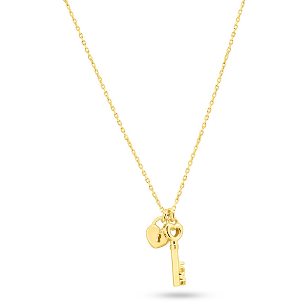 Gold Plated 925 Sterling Silver Small Love Key and Heart Lock Necklace - ECN00071GP