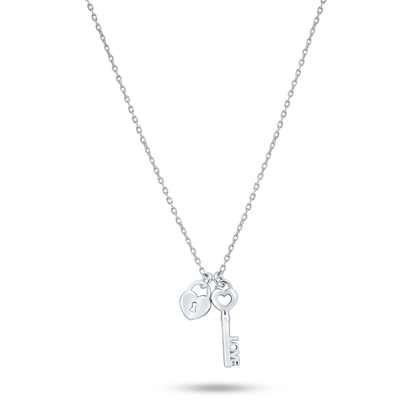 Rhodium Plated 925 Sterling Silver Small Love Key and Heart Lock Necklace - ECN00071RH