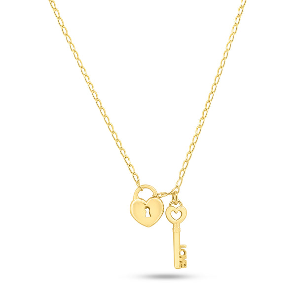 Silver 925 Gold Plated Medium Love Key and Heart Lock Necklace - ECN00072GP