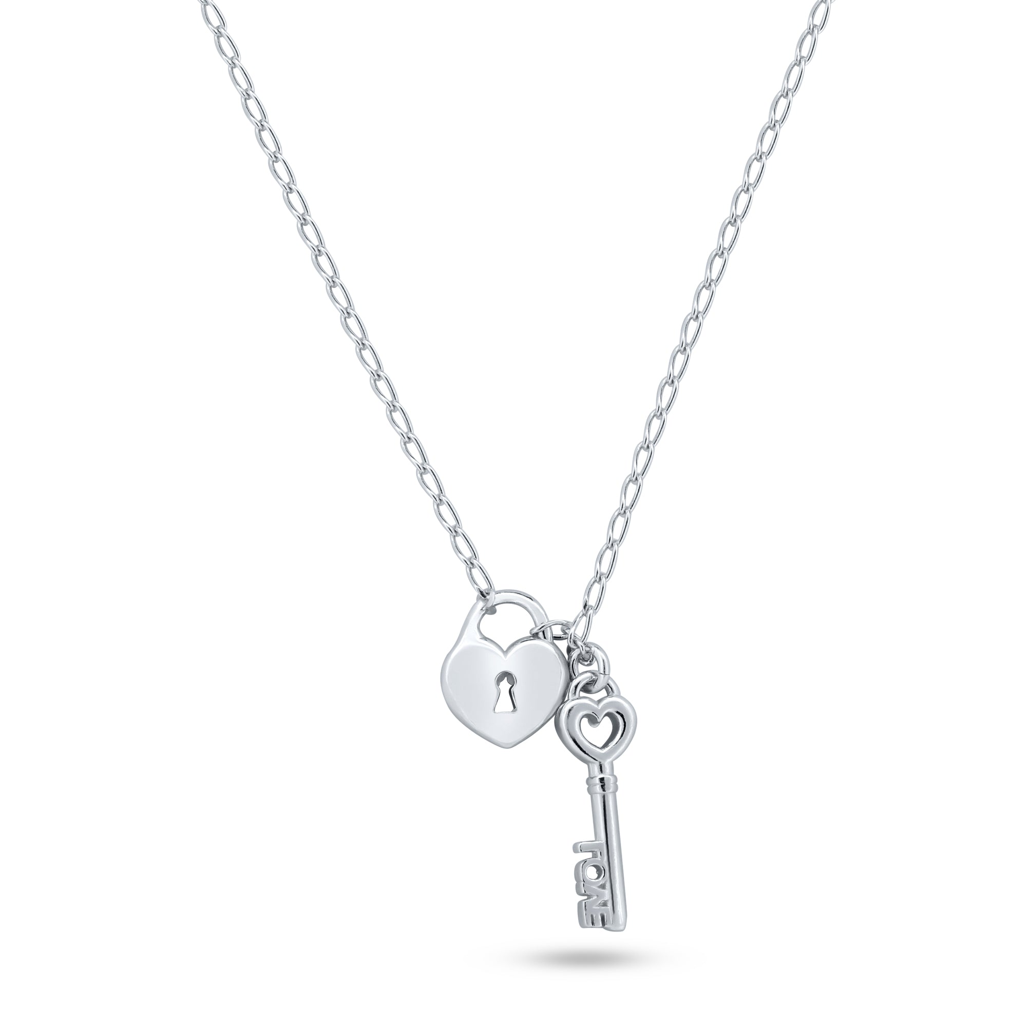 Silver 925 Rhodium Plated Medium Love Key and Heart Lock Necklace