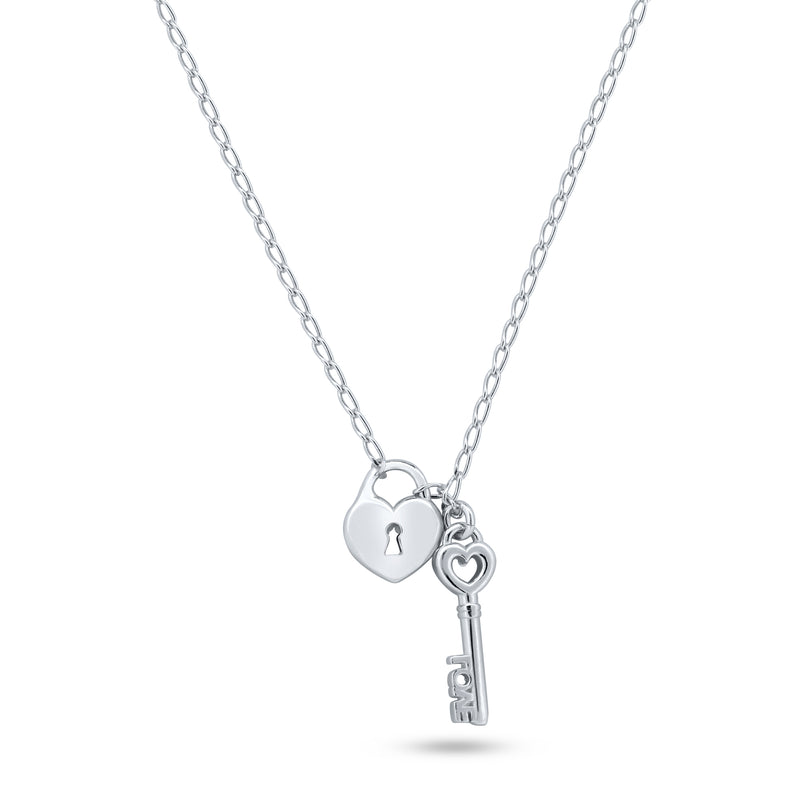 Rhodium Plated 925 Sterling Silver Medium Love Key and Heart Lock Necklace - ECN00072RH