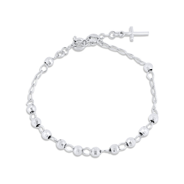 Rhodium Plated 925 Sterling Silver DC Bead Cross Rosary Bracelet - GCB00004-RH