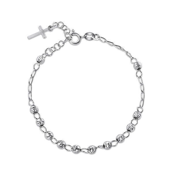 Rhodium Plated 925 Sterling Silver DC Bead Cross Rosary Bracelet - GCB00005-RH