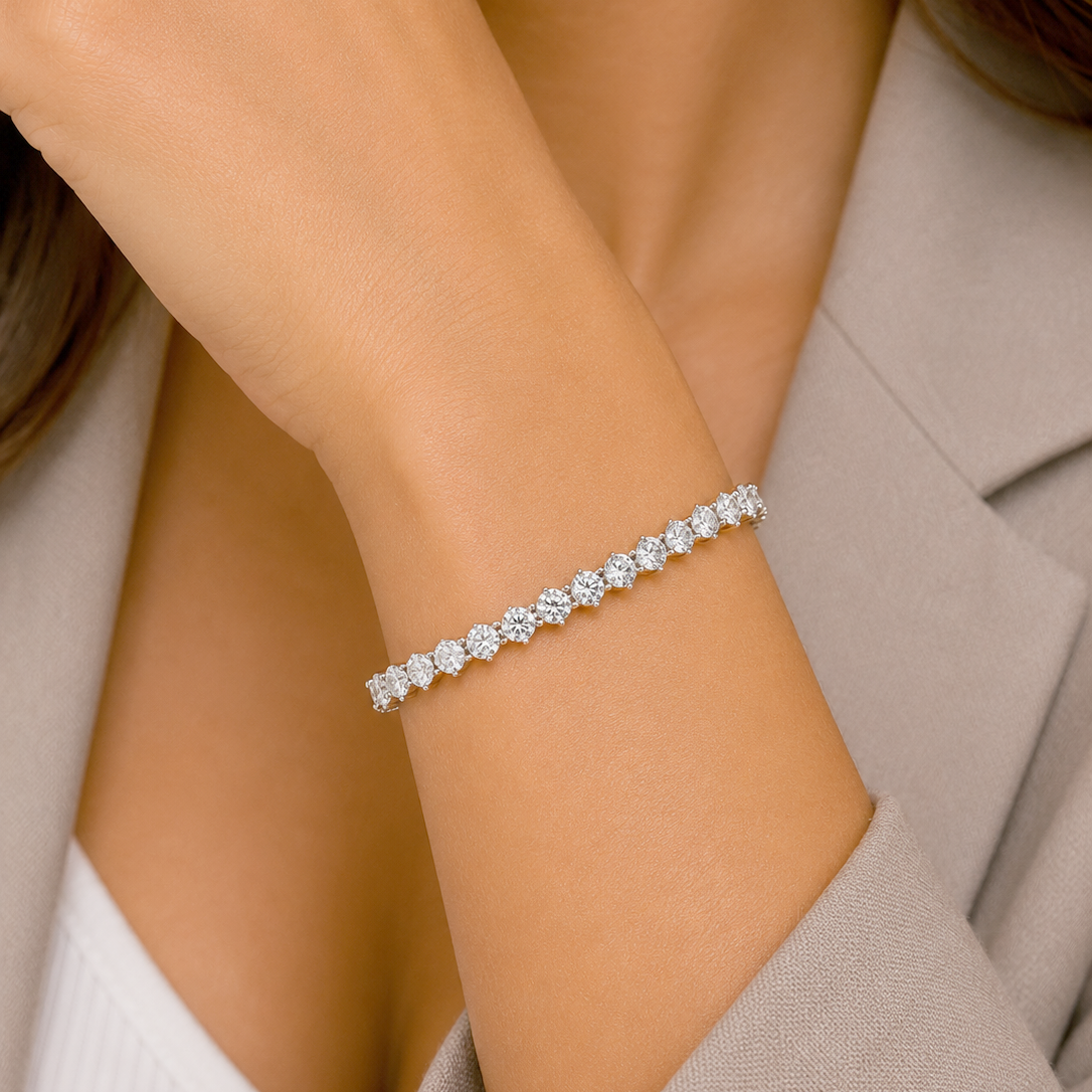 Rhodium Plated 925 Sterling Silver Clear CZ 3 Prong Tennis Bracelet - GMB00008