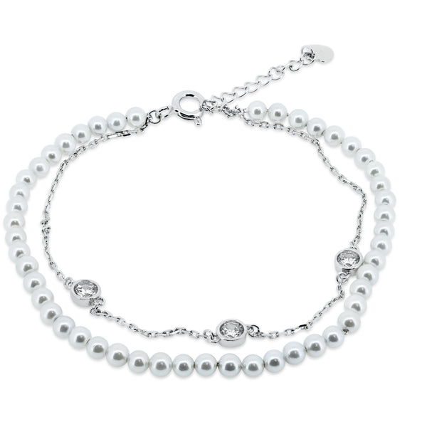 Rhodium Plated 925 Sterling Silver Double Strand Synthetic Pearl with CZ - GMB00054RH