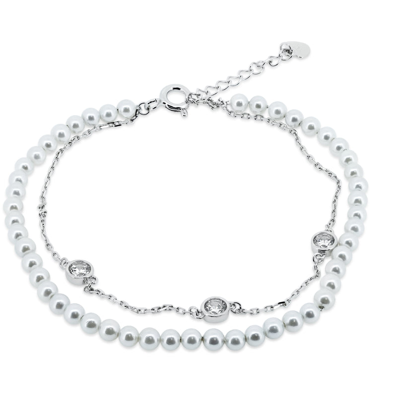Silver 925 Rhodium Plated Double Strand Synthetic Pearl with CZ - GMB00054RH