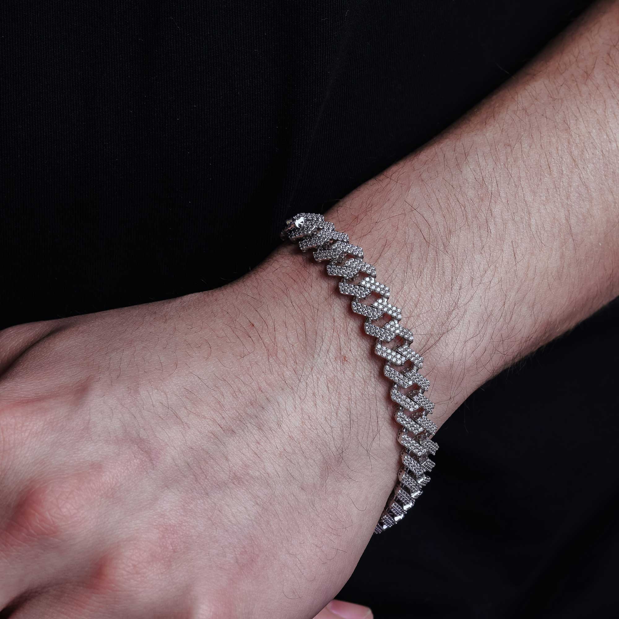 Cadena o pulsera de eslabones cubanos Miami de 10,2 mm con incrustaciones de circonitas en plata de ley 925 rodiada - GMN00198 | GMB00076