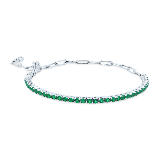 Rhodium Plated 925 Sterling Silver Green CZ Paperclip 2.3mm Tennis Bracelet - GMB00108