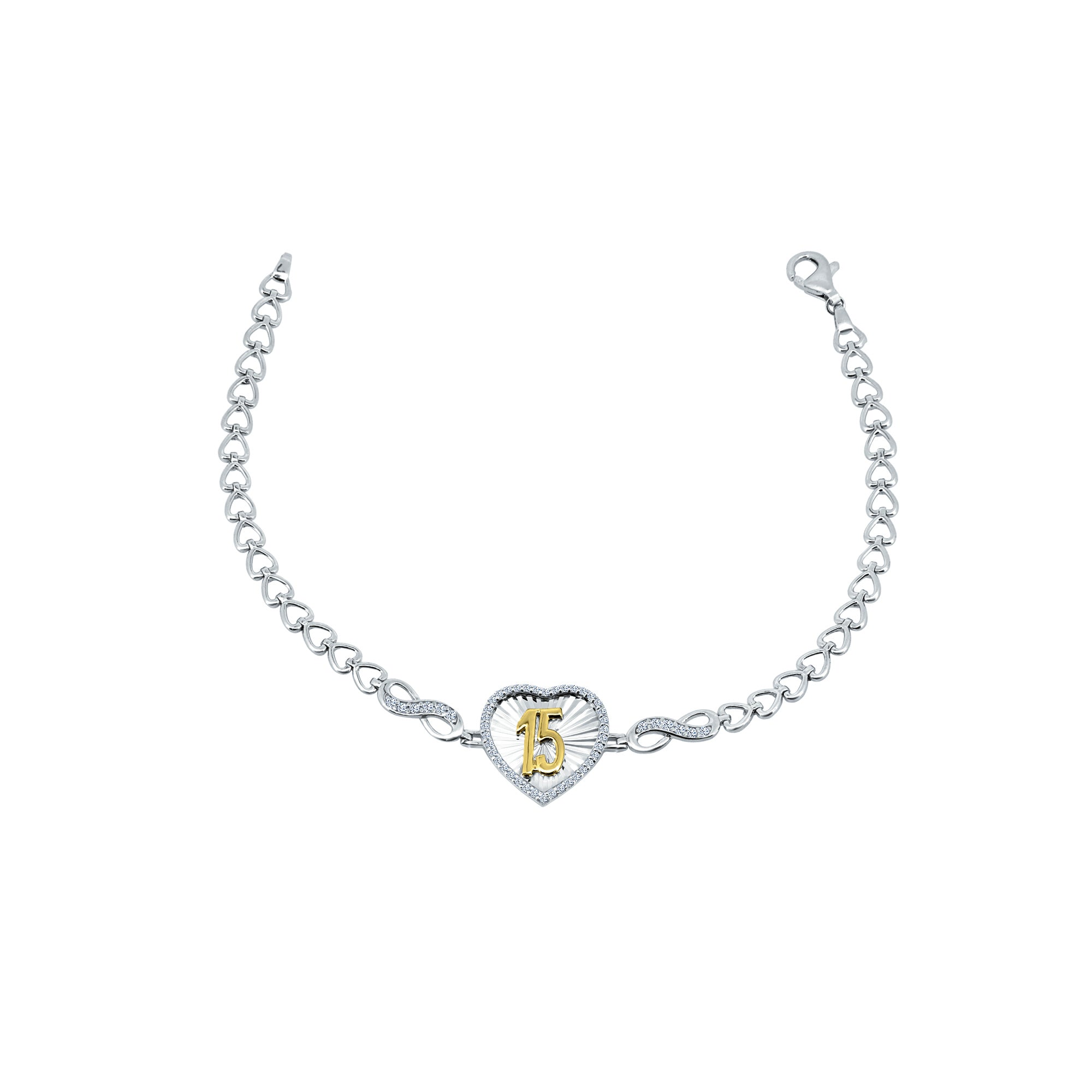 Rhodium Plated 925 Sterling Silver Diamond Cut Quincinera Heart Infinity Clear CZ Bracelet - GMB00113RG