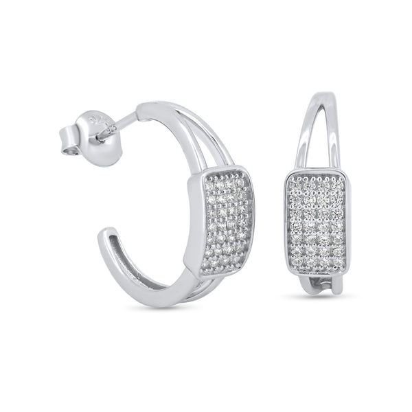 Rhodium Plated 925 Sterling Silver Square Center Encrusted CZ Semi Hoop Earrings - GME00126
