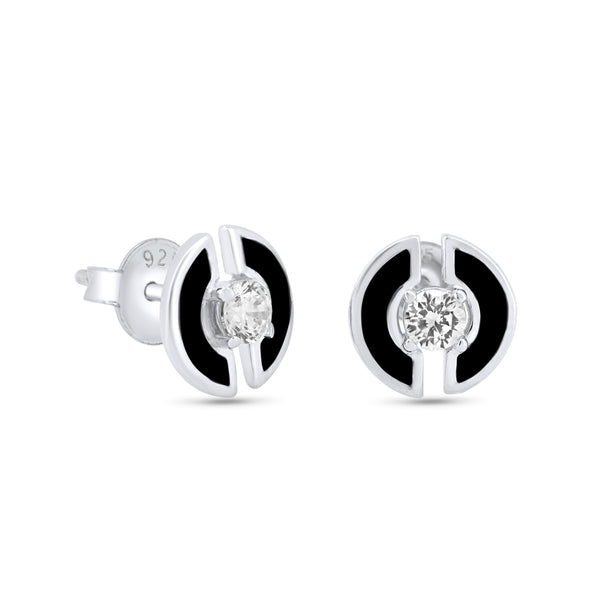 Rhodium Plated 925 Sterling Silver Enamel Double Half Circle Stud 11mm Earrings - GME00137