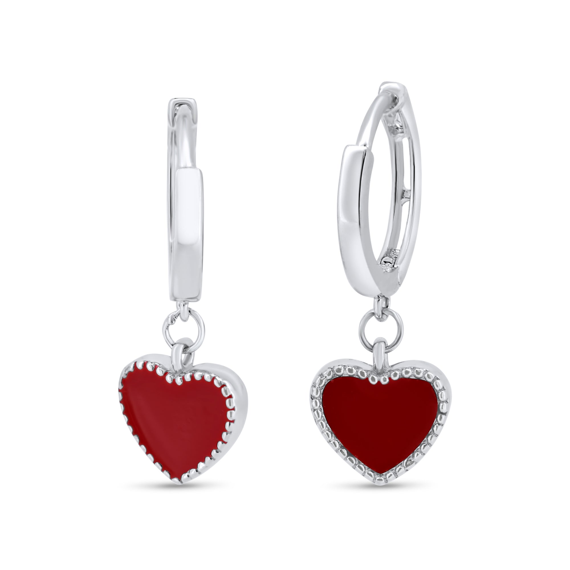 Pendientes de aro de 10 mm con corazón de esmalte rojo en plata de ley 925 rodiada - GME00143