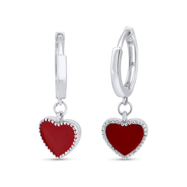 Rhodium Plated 925 Sterling Silver Red Enamel Heart 10mm Hoop Earrings - GME00143
