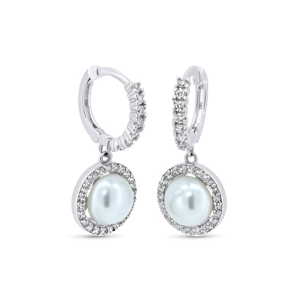 Rhodium Plated 925 Sterling Silver CZ Mother of Pearl 11.2mm Hoop Earrings - GME00144