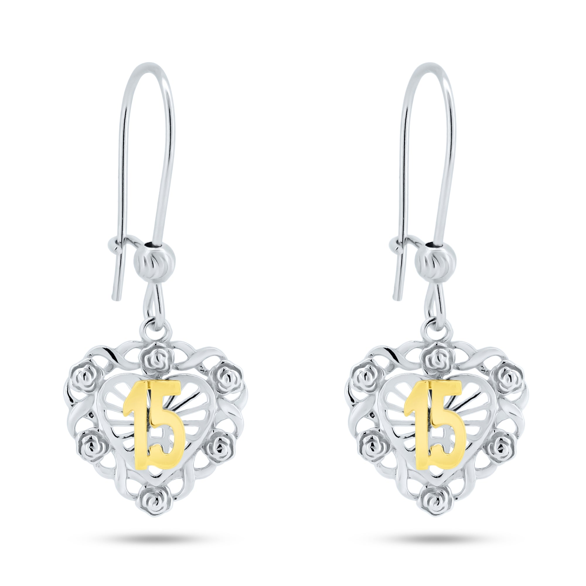 ୨୧ Sterling Silver Rhodium Plated Dangling Heart Quinceanera