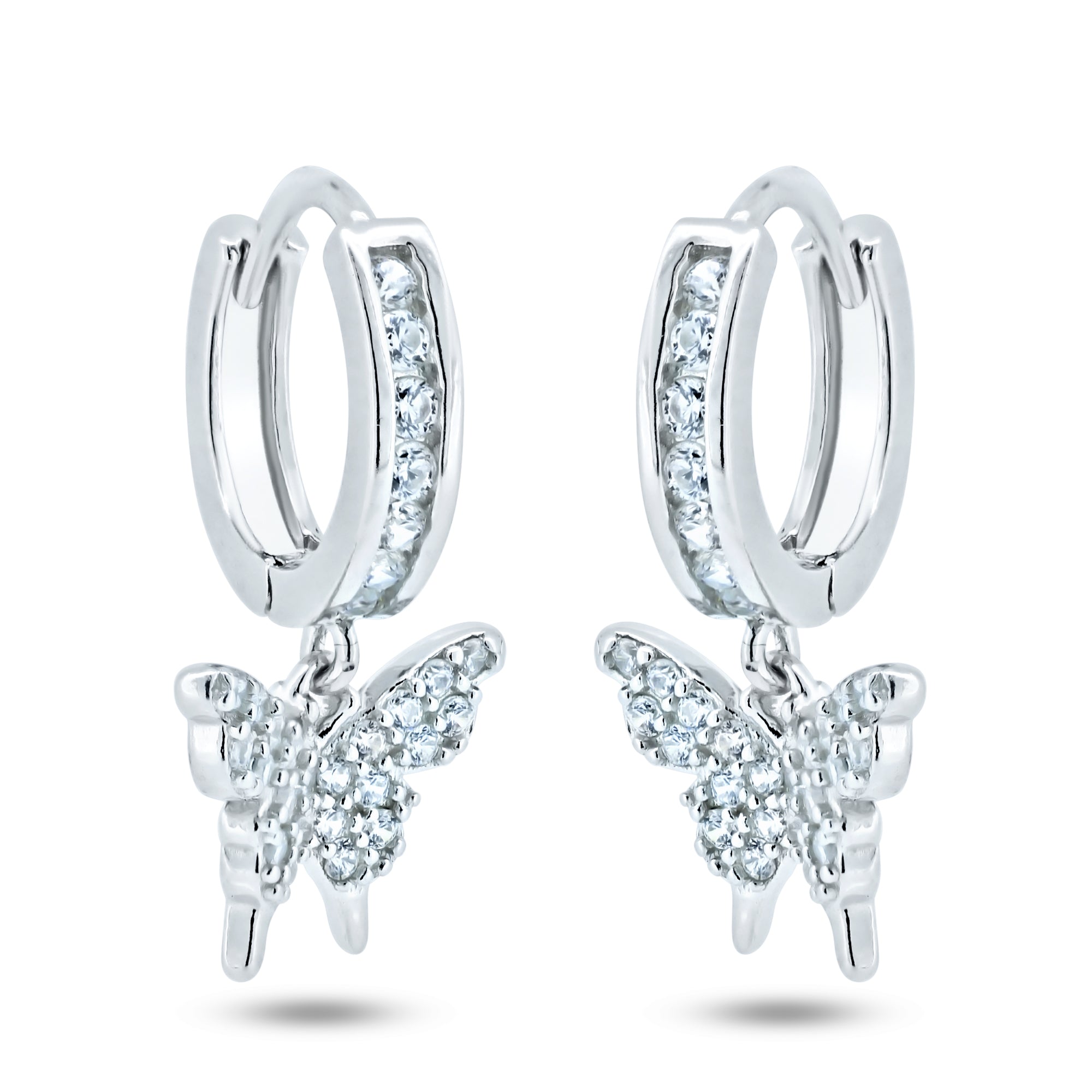 Pendientes Huggie de mariposa colgantes chapados en rodio de plata de ley - GME00152