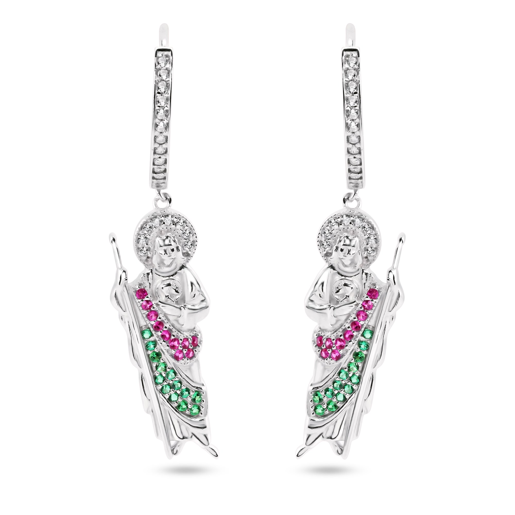 Pendientes colgantes de plata de ley chapados en rodio con circonita transparente de San Judas - GME00153
