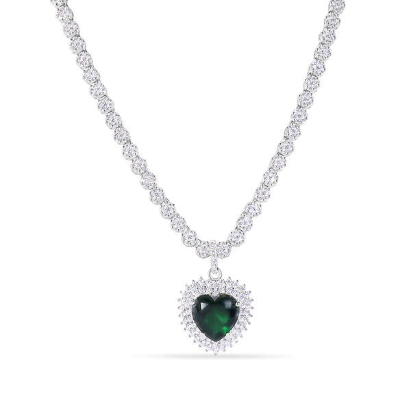 Rhodium Plated 925 Sterling Silver Heart Green CZ Pendant 3.8mm Round Cut Clear CZ Tennis Necklace - GMN00222