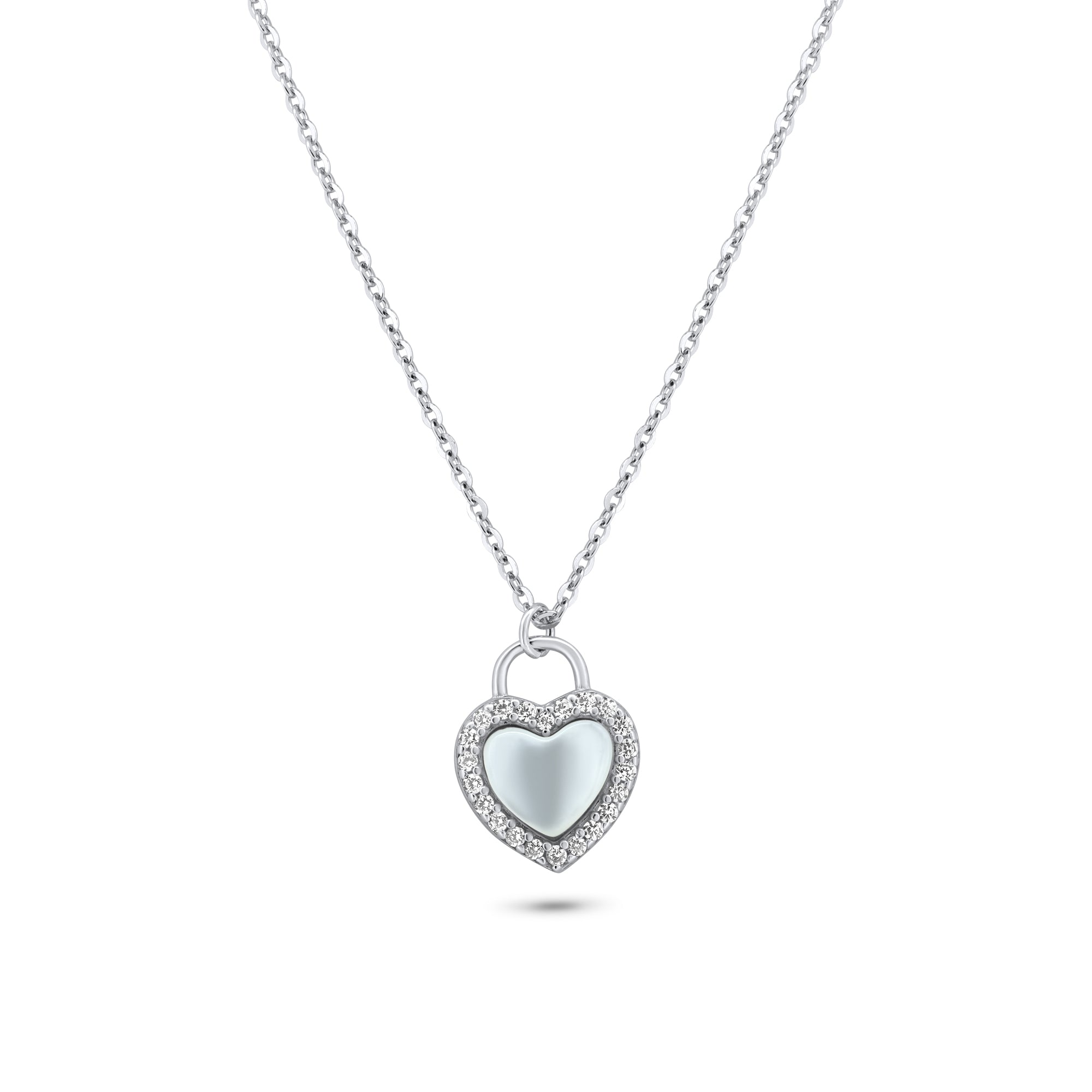 Rhodium Plated 925 Sterling Silver Heart CZ Mother of Pearl Necklace - GMN00203