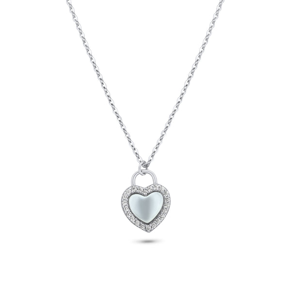 Rhodium Plated 925 Sterling Silver Heart CZ Mother of Pearl Necklace - GMN00203