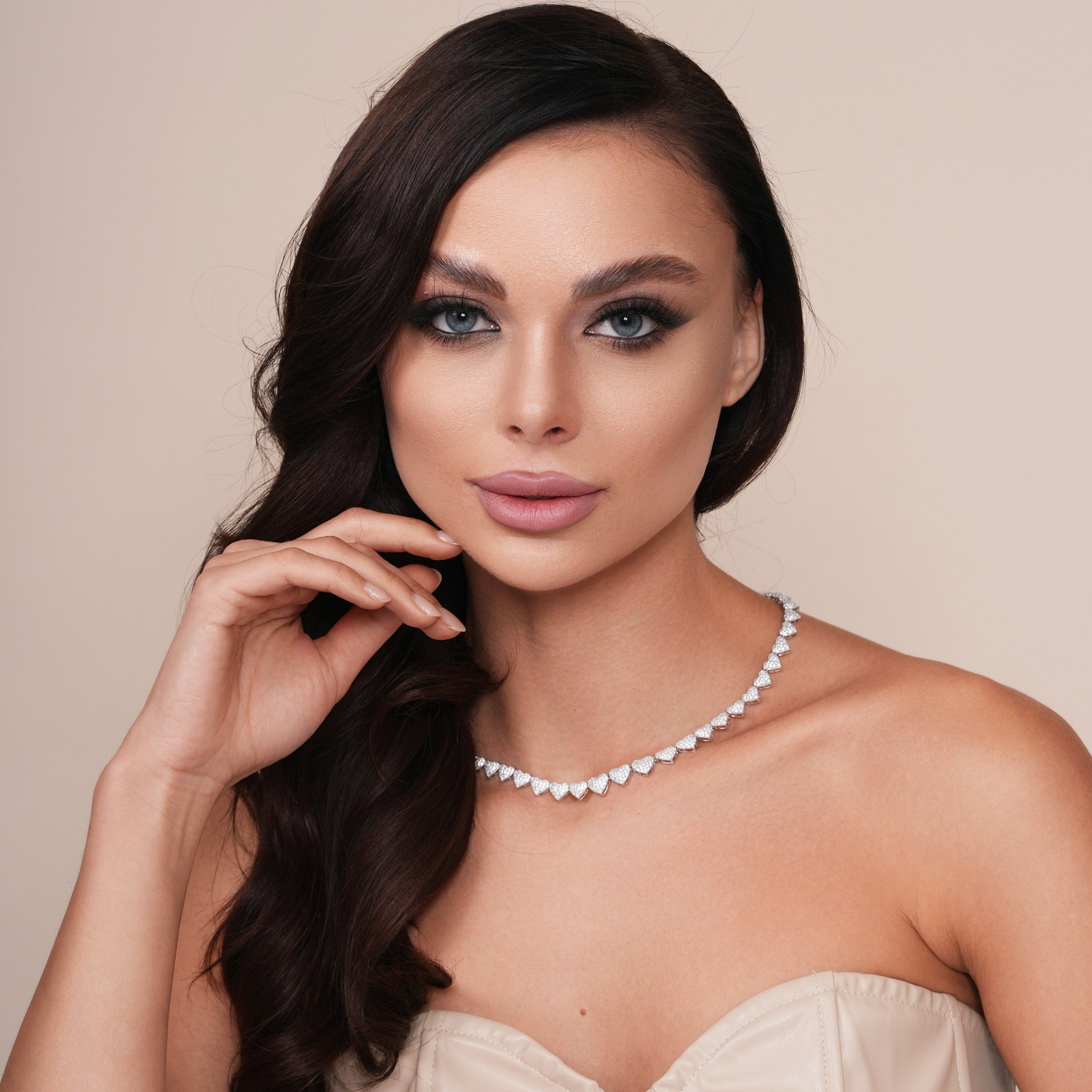 White Gold - Plated Cz - Studded Beaded Heart - Shaped Necklace