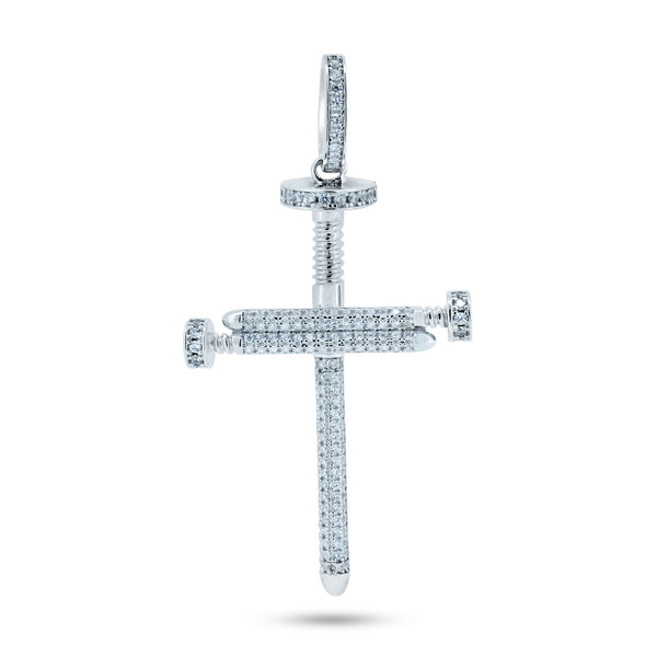 Rhodium Plated 925 Sterling Silver CZ Large Nail Cross Pendant - GMP00113