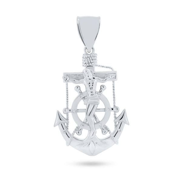 Rhodium Plated 925 Sterling Silver Anchor Helm Cross CZ Pendant - GMP00131