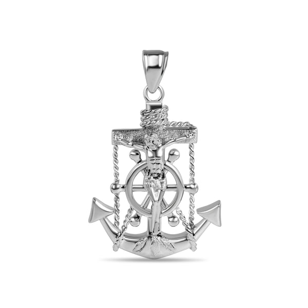 Rhodium Plated 925 Sterling Silver Mariner Anchor Cross Pendant - GMP00132