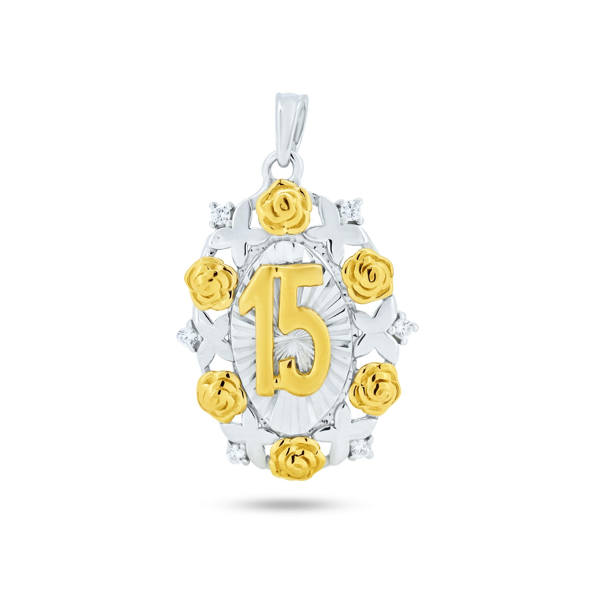Colgante de Quinceañera con Disco Ovalado de CZ y Baño Bicolor en Plata de Ley 925 - GMP00137RG