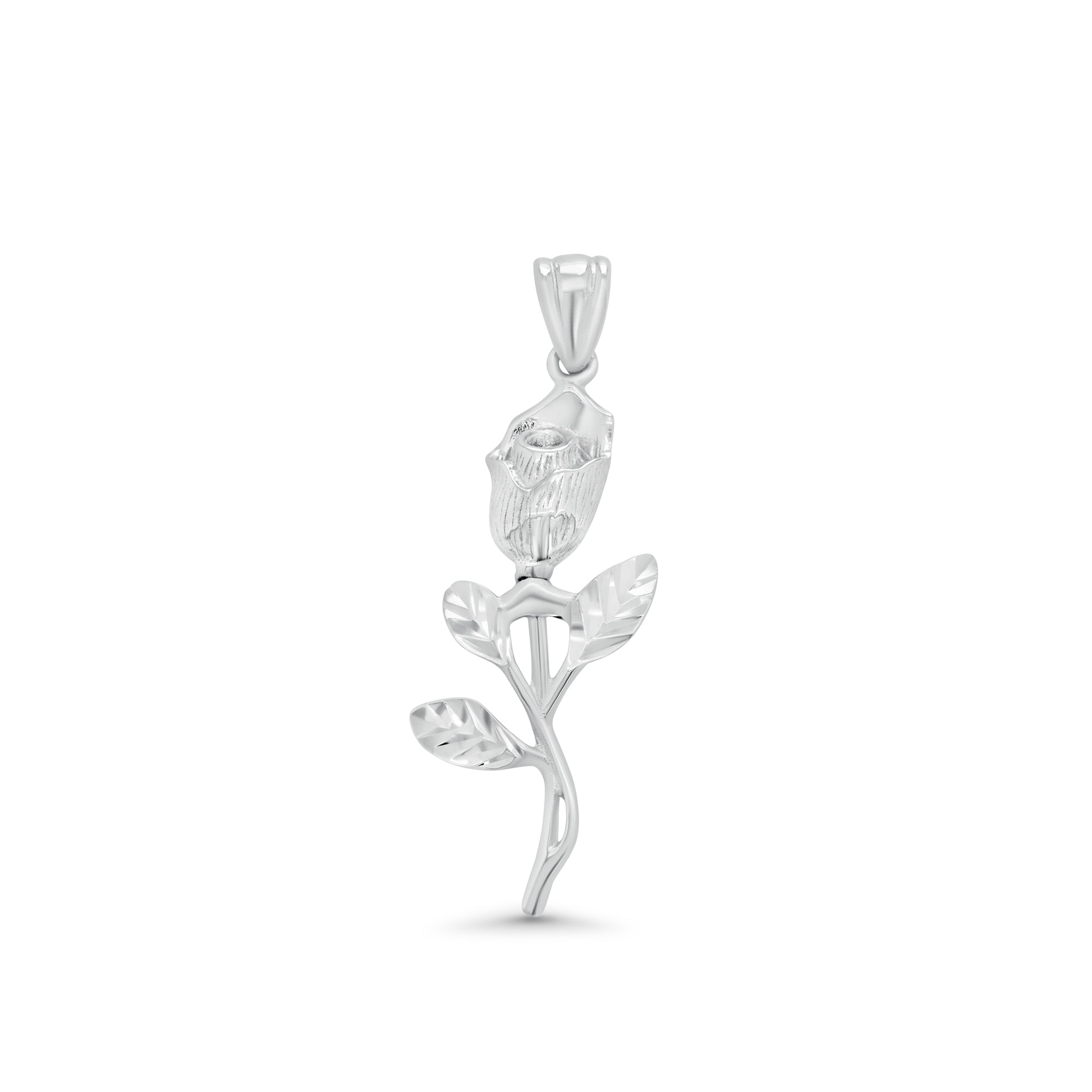 Rhodium Plated 925 Sterling Silver Diamond Cut Rose Stem Pendant- GMP00217