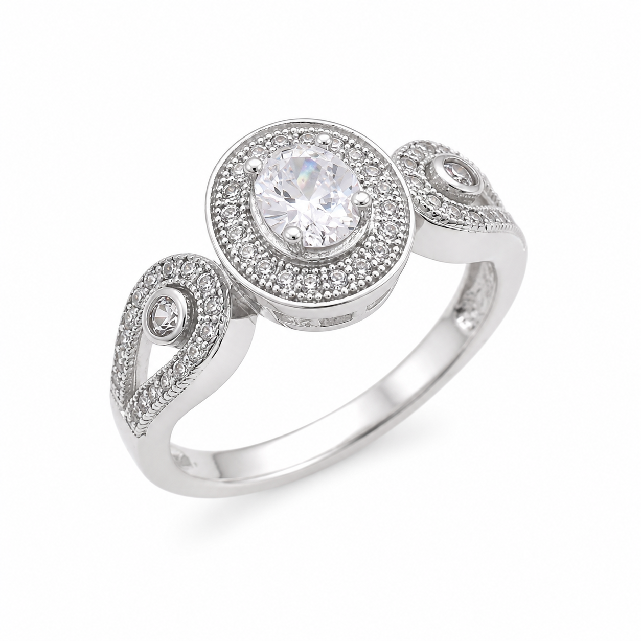Rhodium Plated 925 Silver Clear Round Micro Pave CZ Bridal Engagement Ring - GMR00002