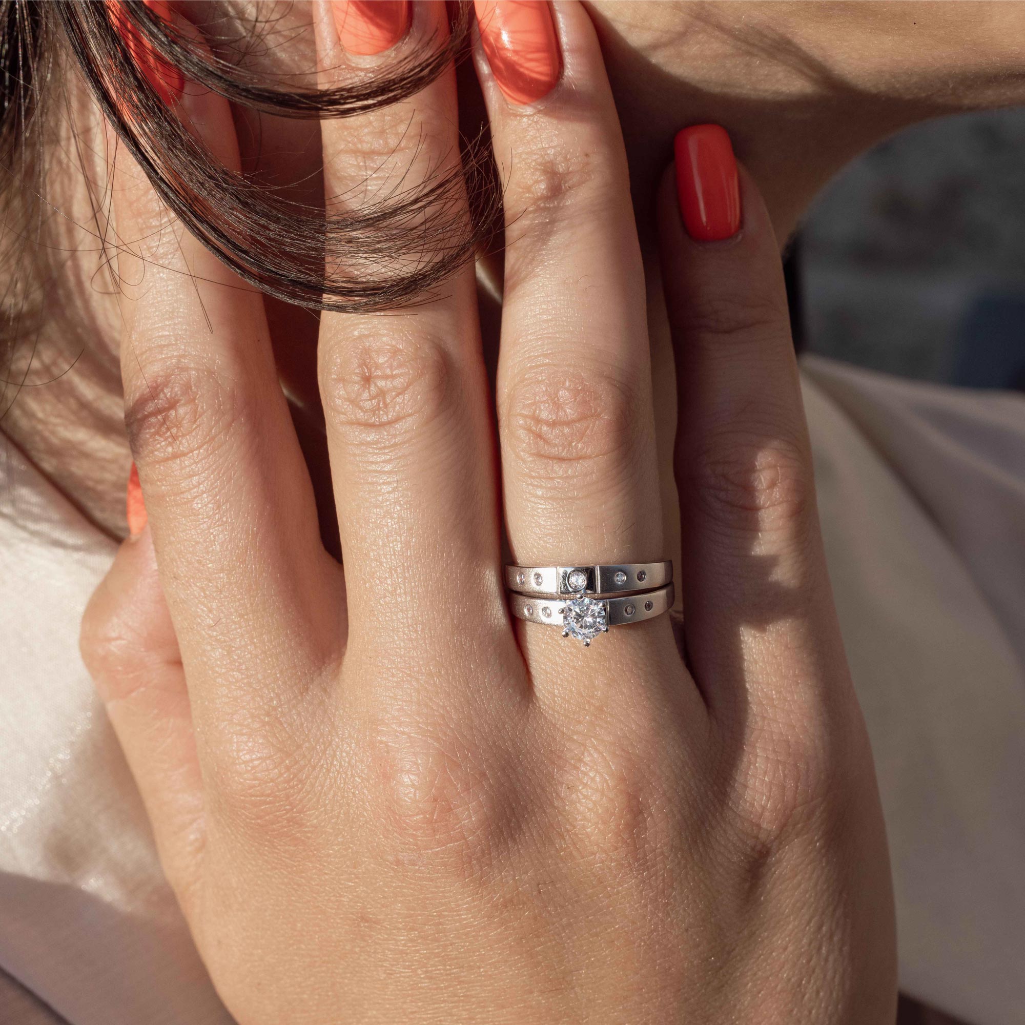 Half Matte Finish Rhodium Plated 925 Sterling Silver CZ Trio Bridal Ring - GMR00142