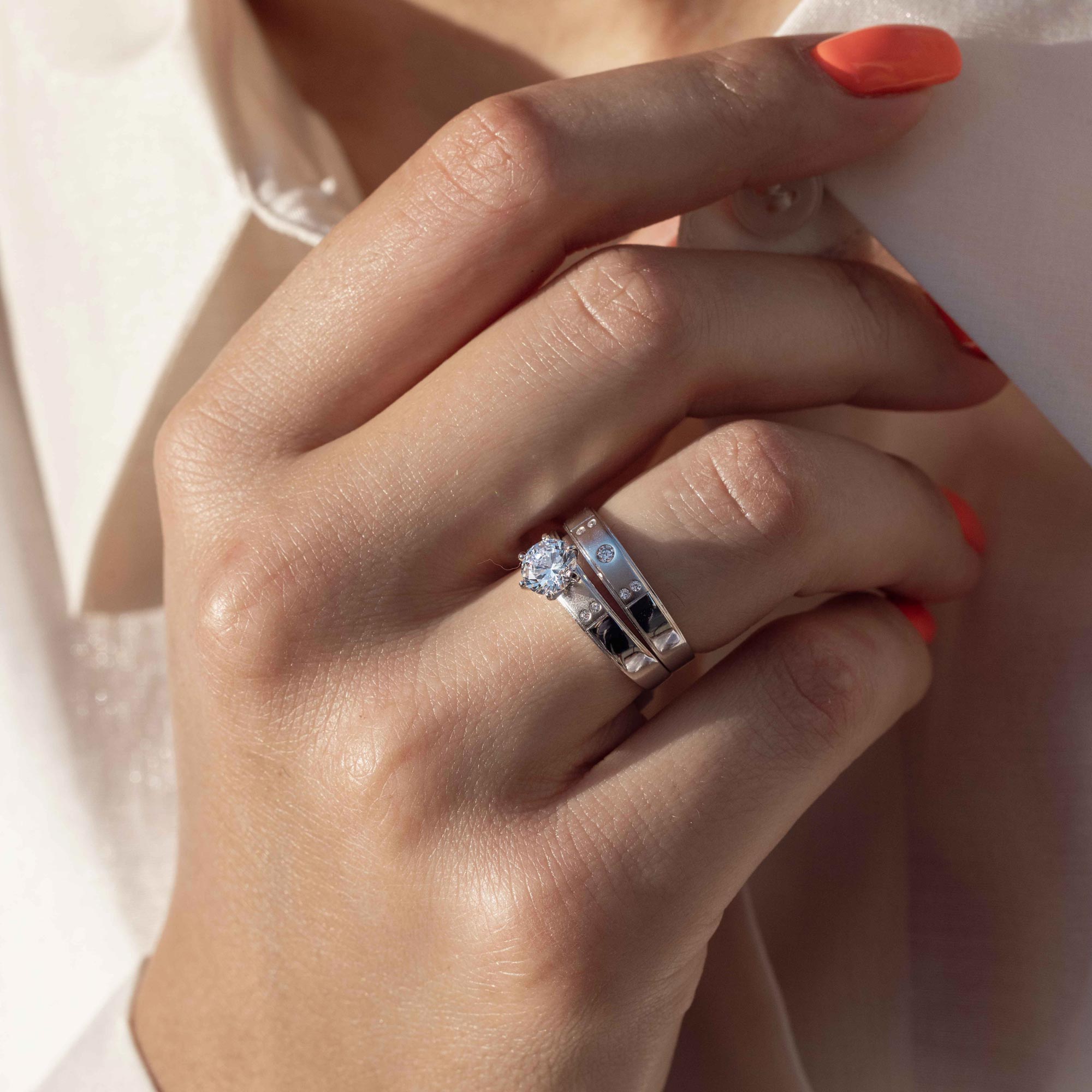 Rhodium Plated 925 Sterling Silver Matte Finish 5 CZ Wedding Ring - GMR00144