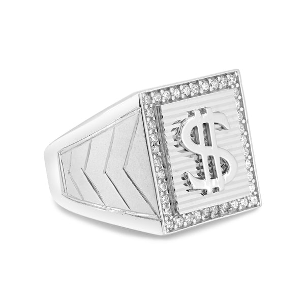 Men's Sterling 925 Sterling Silver Rhodium Dollar Sign Ring with CZ - GMR00228RH