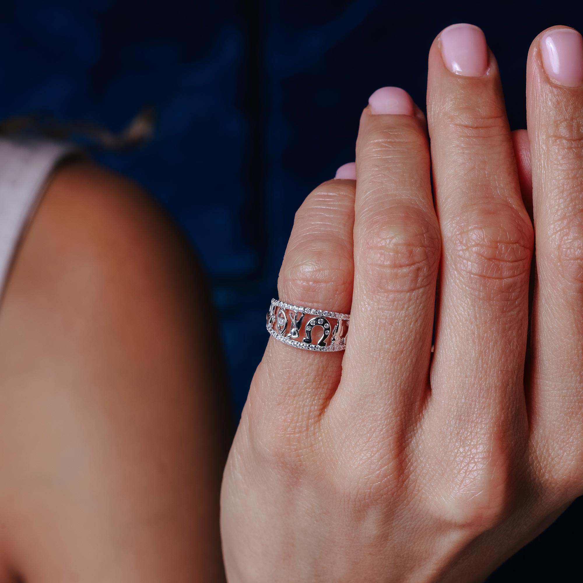 Rhodium Plated 925 Sterling Silver Lucky Symbols CZ Ring - GMR00363