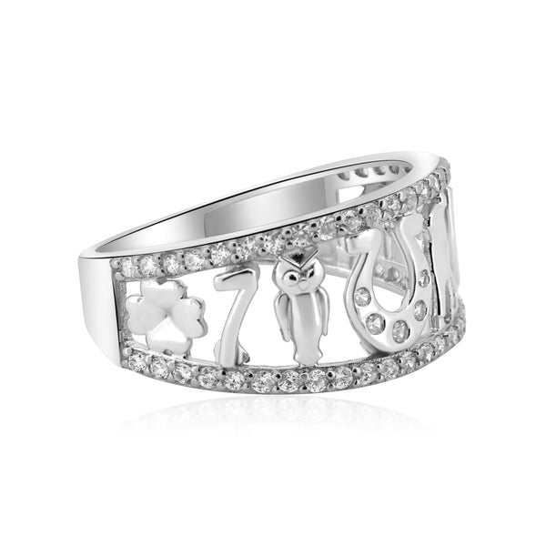 Rhodium Plated 925 Sterling Silver Lucky Symbols CZ Ring - GMR00363