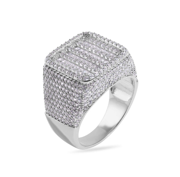 Rhodium Plated 925 Sterling Silver Statement Baguette Clear CZ Studded Square Top 17.5mm Ring - GMR00385