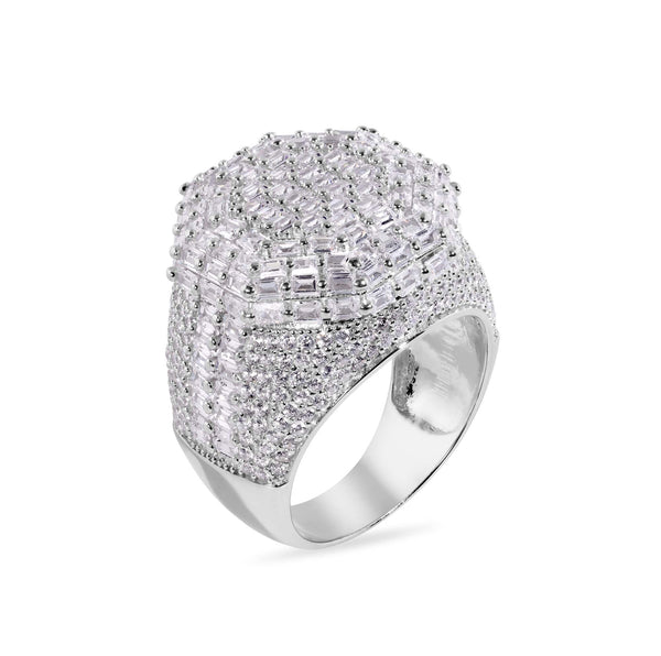Rhodium Plated 925 Sterling Silver Statement Baguette Clear CZ Studded Octagon Top 20.4mm Ring - GMR00387