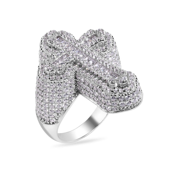 Rhodium Plated 925 Sterling Silver Cross Baguette Clear CZ Studded Top 31.5mm Ring - GMR00390