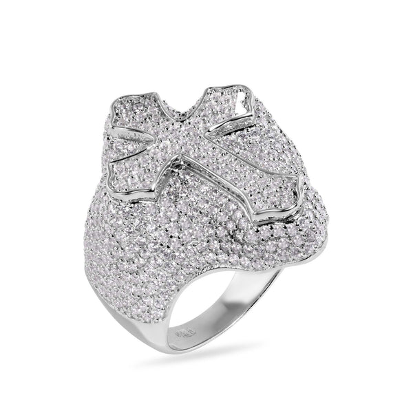 Rhodium Plated 925 Sterling Silver Cross Clear CZ Studded Top 30mm Ring - GMR00392