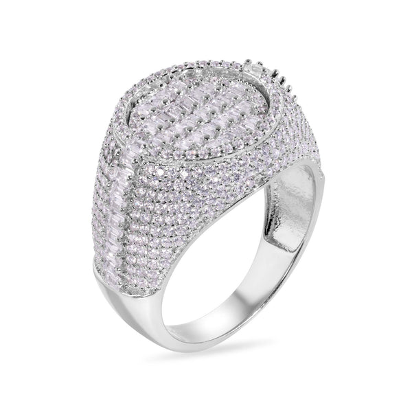 Rhodium Plated 925 Sterling Silver Statement Baguette Clear CZ Round Top 17.5mm Ring - GMR00389